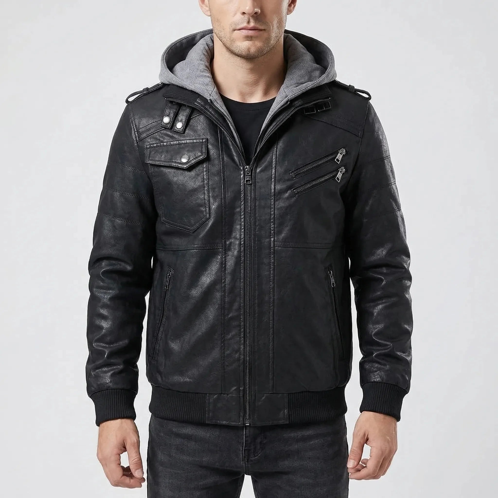 Edgy Leather Jacket for Men with Removable Hood Long Sleeve Zip Up Bomber Moto Style