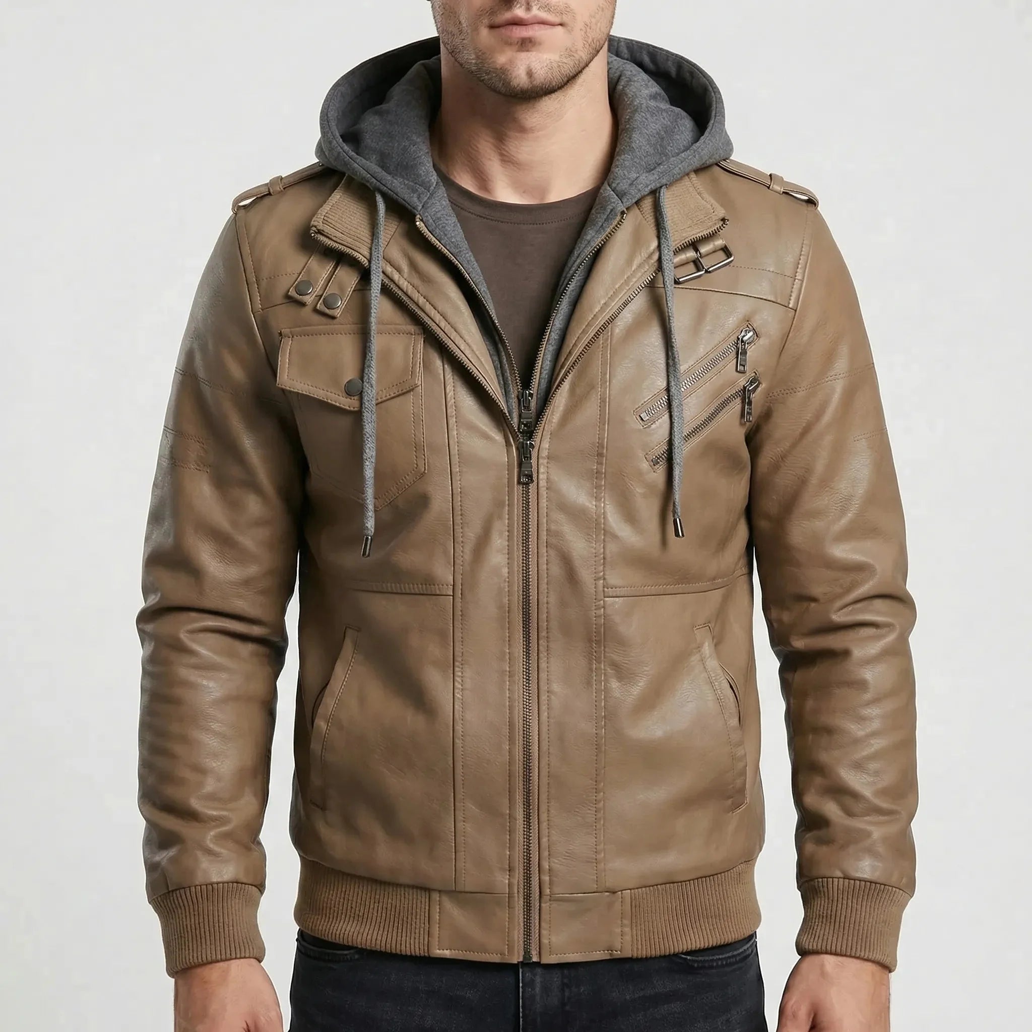 Edgy Leather Jacket for Men with Removable Hood Long Sleeve Zip Up Bomber Moto Style