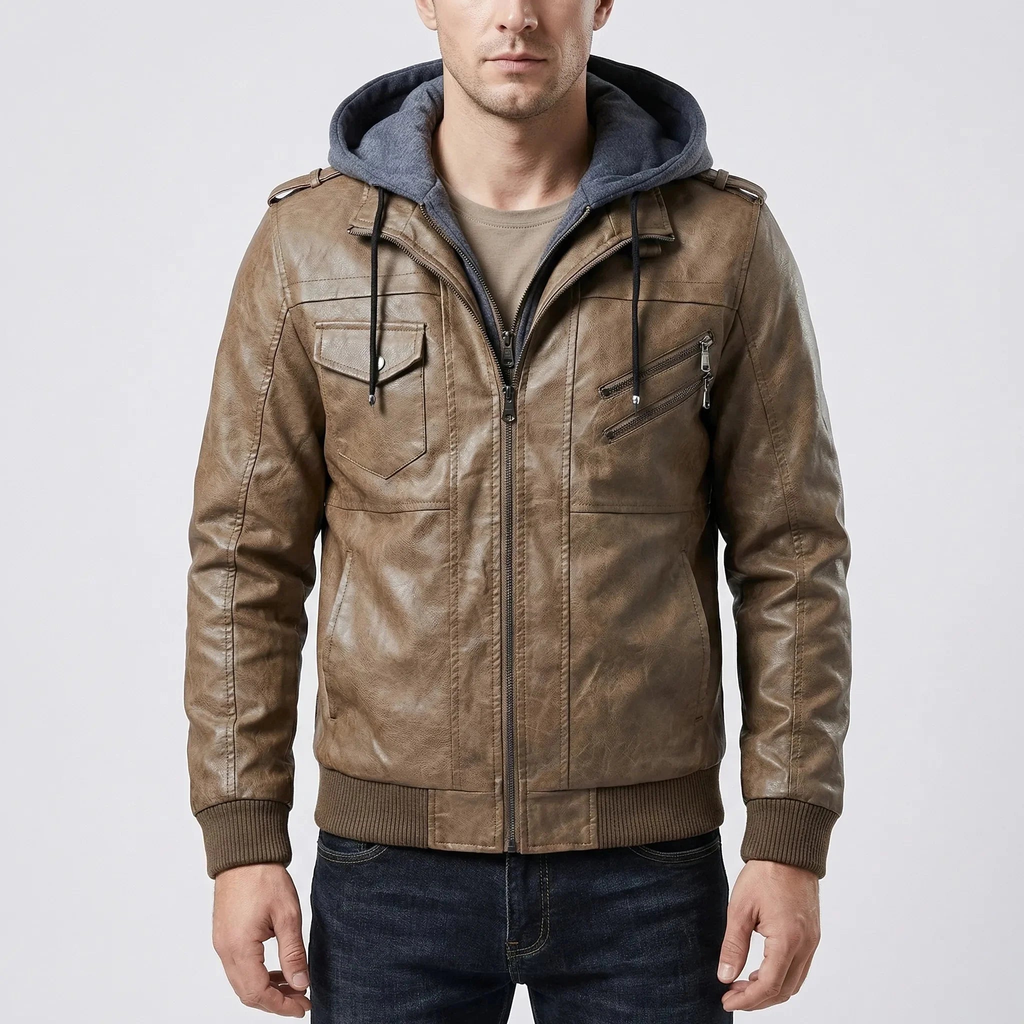 Edgy Leather Jacket for Men with Removable Hood Long Sleeve Zip Up Bomber Moto Style