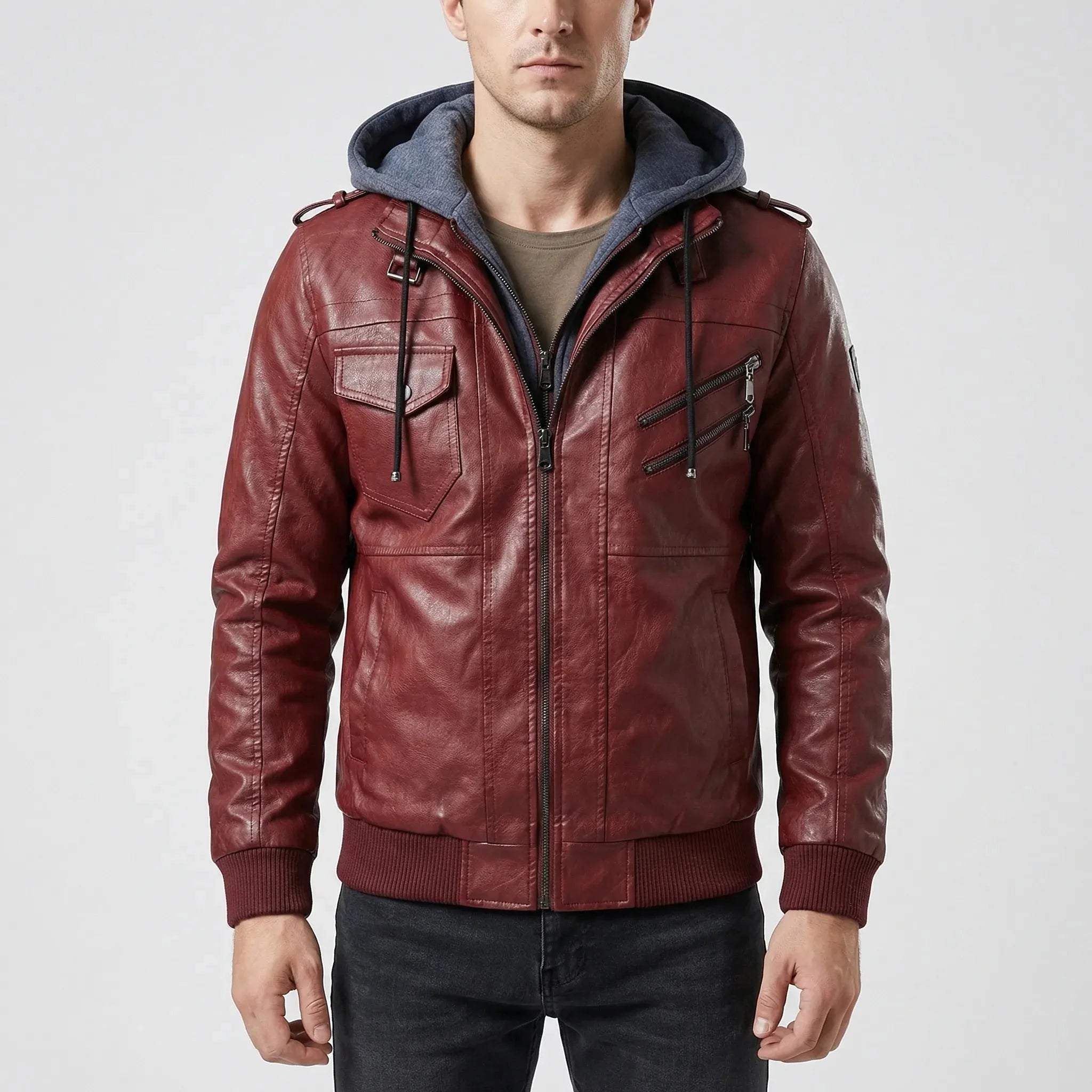 Edgy Leather Jacket for Men with Removable Hood Long Sleeve Zip Up Bomber Moto Style