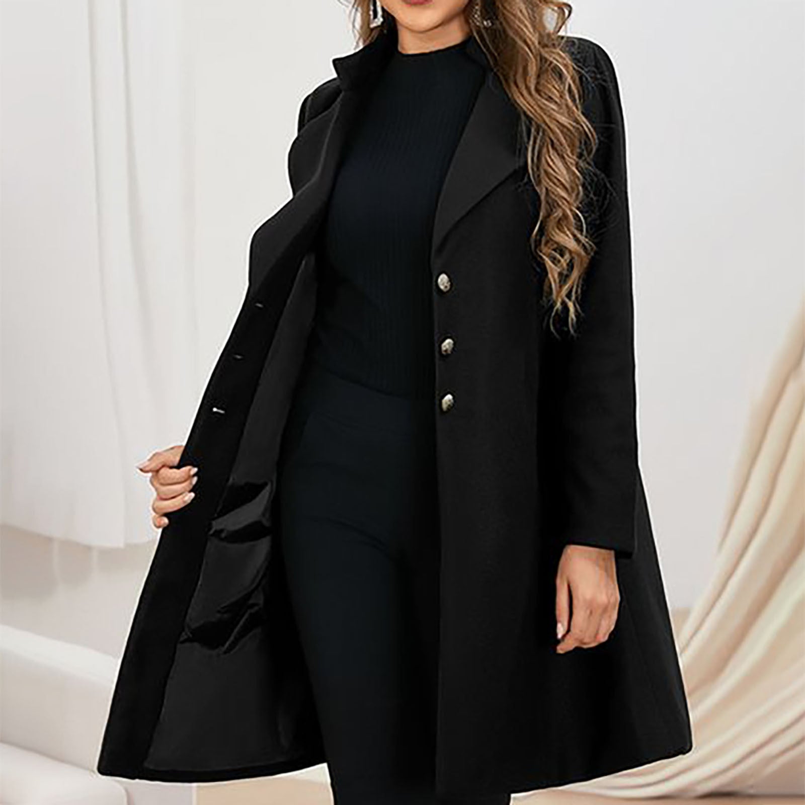 Elegant Wool Winter Coat for Women with Notched Lapel Long Sleeve Button Front Tailored Style