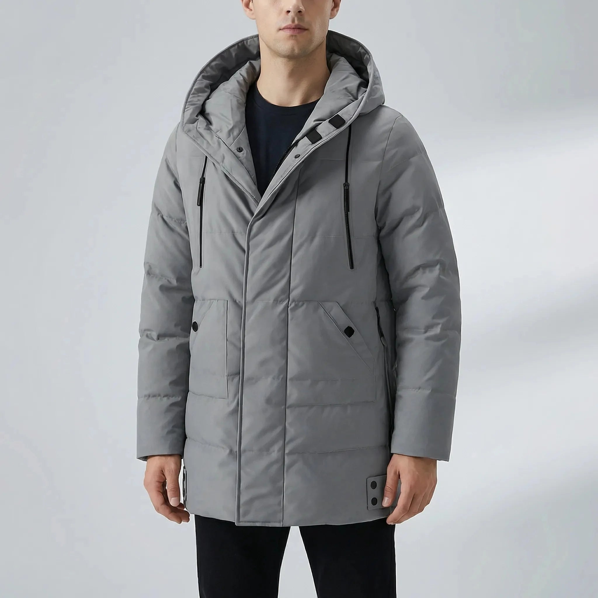 Cozy Puffer Jacket for Men with Hooded Collar Long Sleeve Zip Up Quilted Mid Length Style