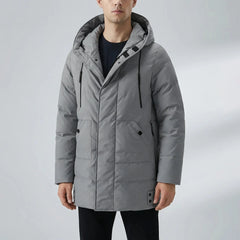 Cozy Puffer Jacket for Men with Hooded Collar Long Sleeve Zip Up Quilted Mid Length Style