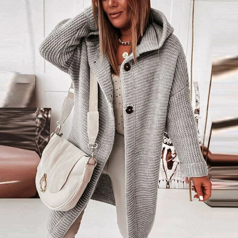 Cozy Long Knit Cardigan for Women with Hooded Collar Long Sleeve Open Front Chunky Longline Style