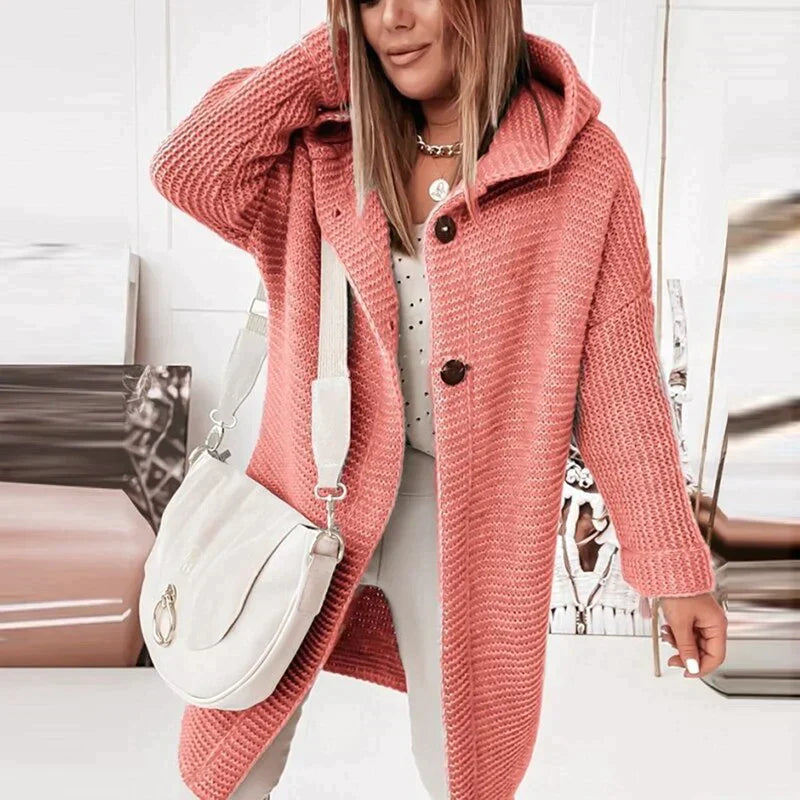 Cozy Long Knit Cardigan for Women with Hooded Collar Long Sleeve Open Front Chunky Longline Style