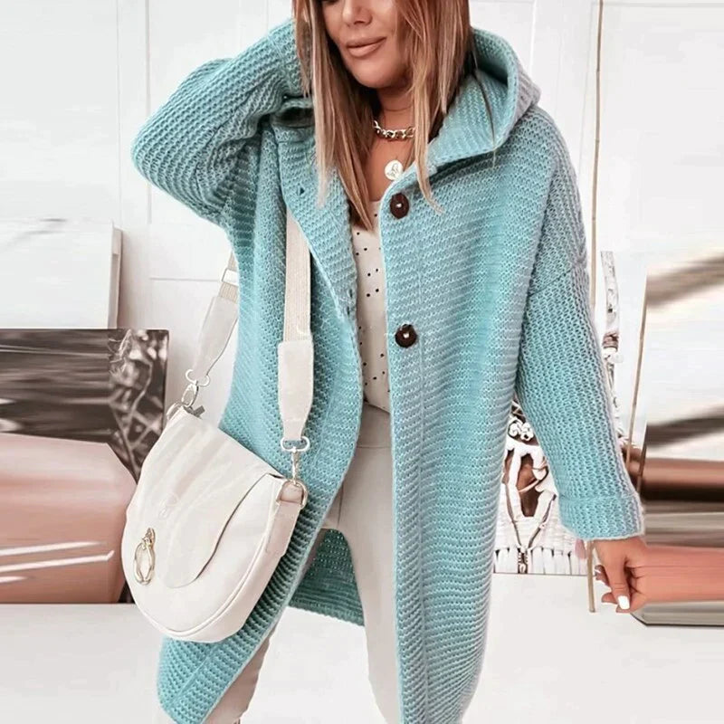 Cozy Long Knit Cardigan for Women with Hooded Collar Long Sleeve Open Front Chunky Longline Style
