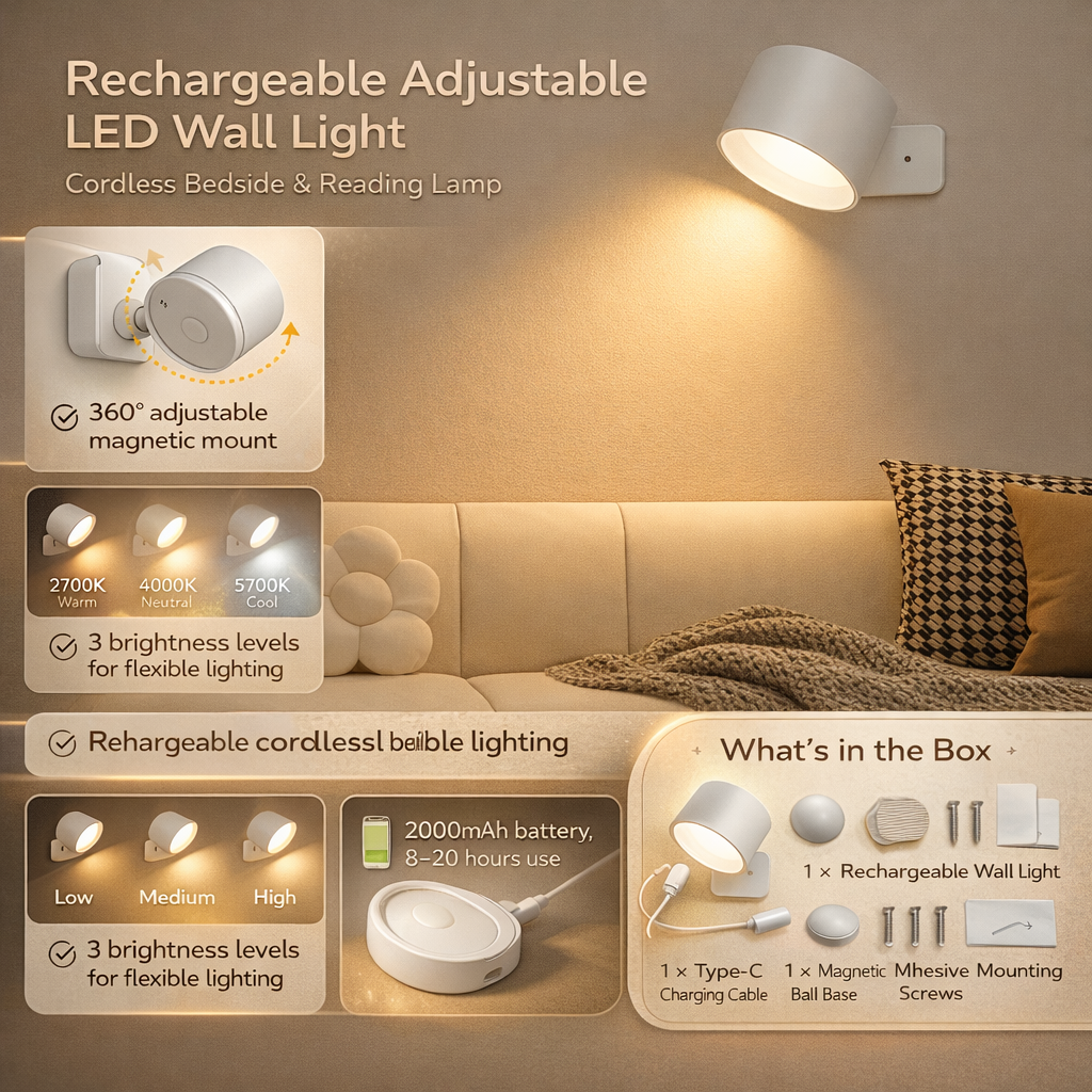 Rechargeable LED Wall Lamp Adjustable Magnetic Mount Cordless Sconce Light