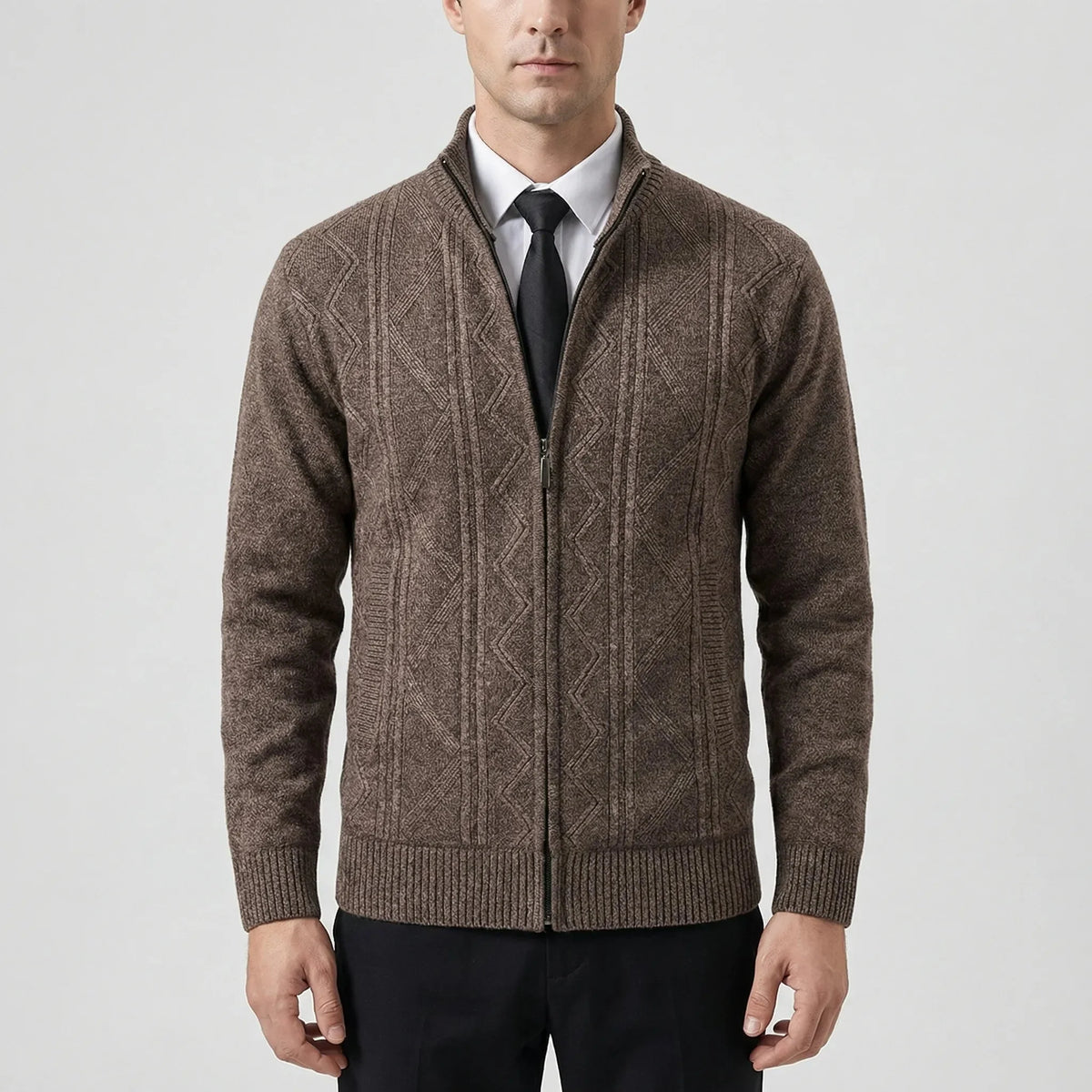 Cozy Cable Knit Cardigan for Men with Stand Collar Long Sleeve Full Zip Textured Business Style