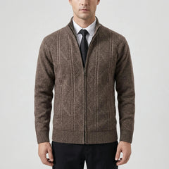 Cozy Cable Knit Cardigan for Men with Stand Collar Long Sleeve Full Zip Textured Business Style