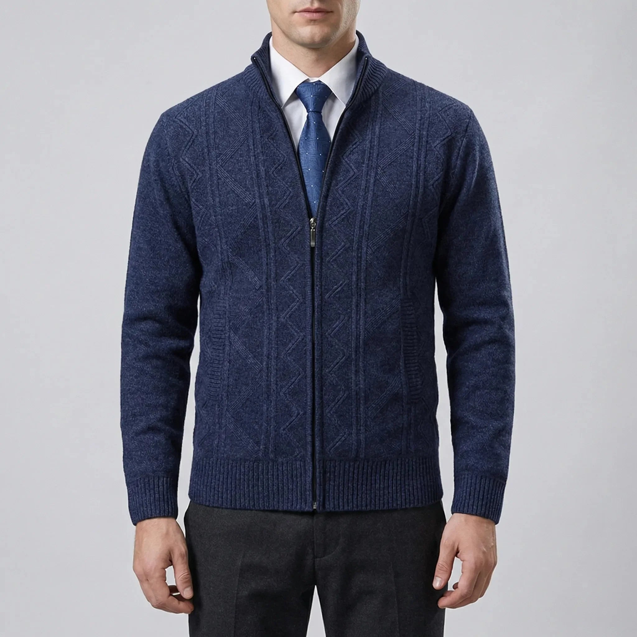 Cozy Cable Knit Cardigan for Men with Stand Collar Long Sleeve Full Zip Textured Business Style