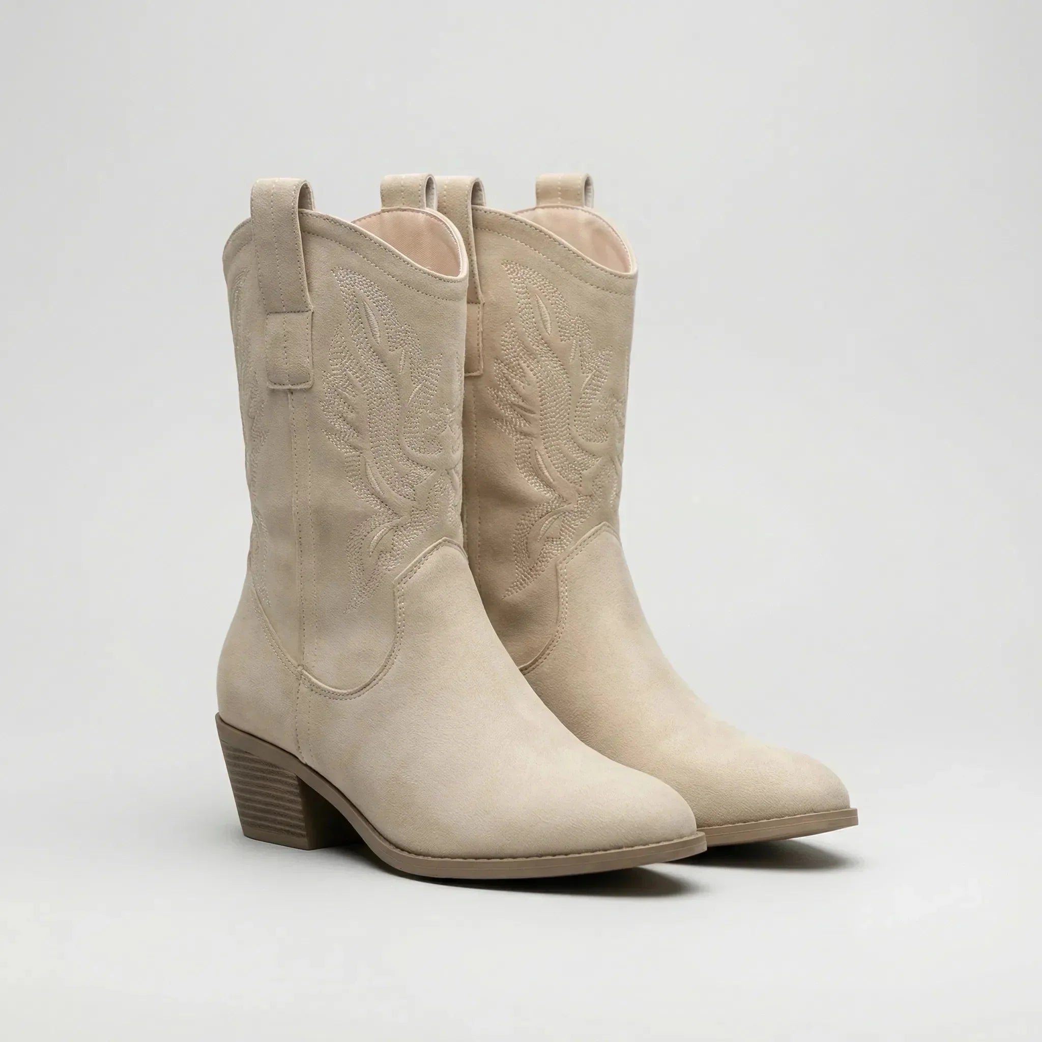 Women's Embroidered Western Cowgirl Boots Mid-Calf Pointed Toe Stacked Heel Pull-On Cowboy