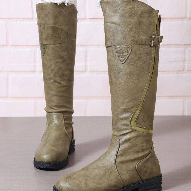Chic Knee High Boots for Women with Buckle Strap Block Heel Round Toe Tall Riding Style
