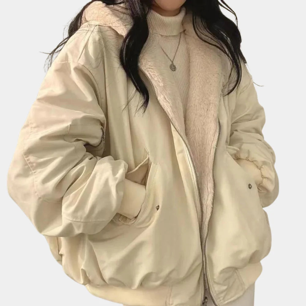 Cozy Bomber Jacket for Women with Hooded Collar Long Sleeve Zip Up Faux Fur Lined Oversized Style