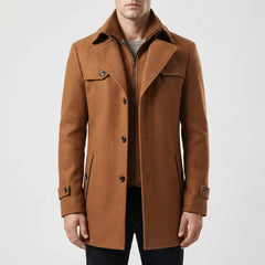 Elegant Wool Coat for Men with Notch Lapel Long Sleeve Single Breasted Layered Collar Style