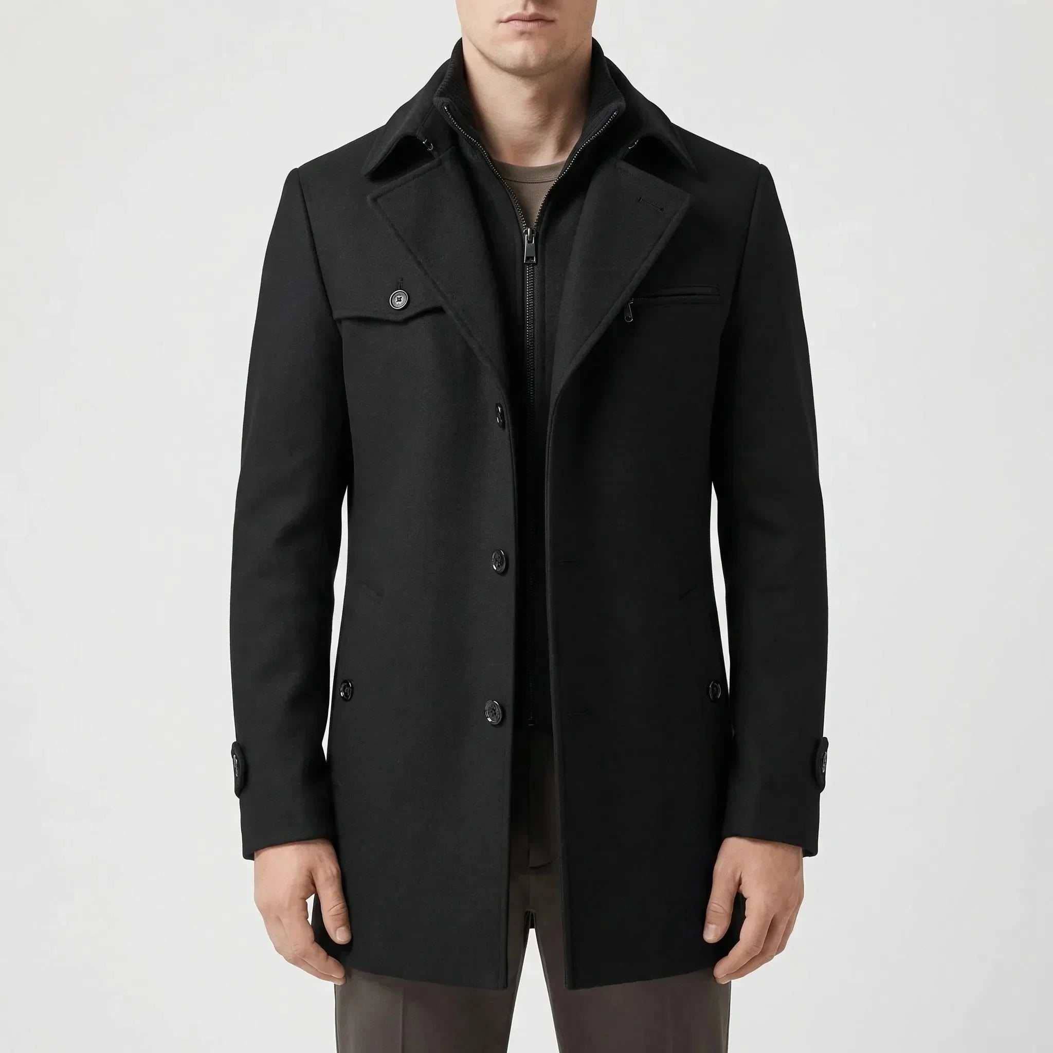 Elegant Wool Coat for Men with Notch Lapel Long Sleeve Single Breasted Layered Collar Style