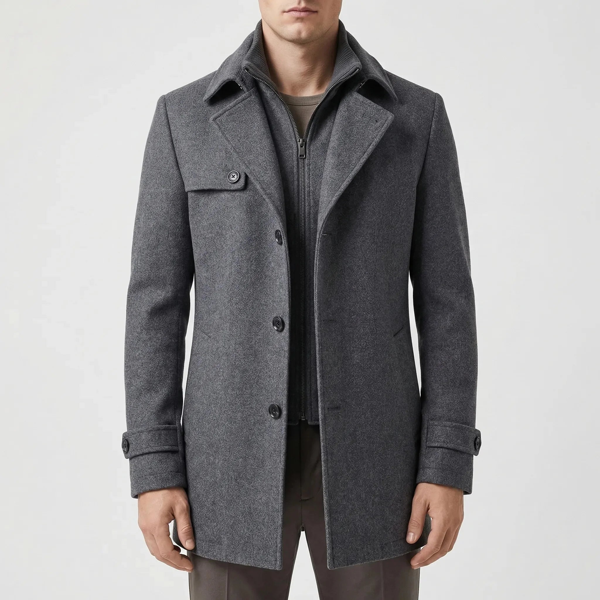 Elegant Wool Coat for Men with Notch Lapel Long Sleeve Single Breasted Layered Collar Style