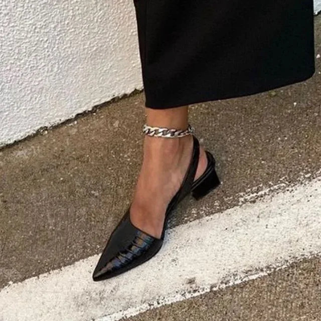 legant Leather Pumps for Women with Pointed Toe Slingback Block Heel Croc Vintage Style