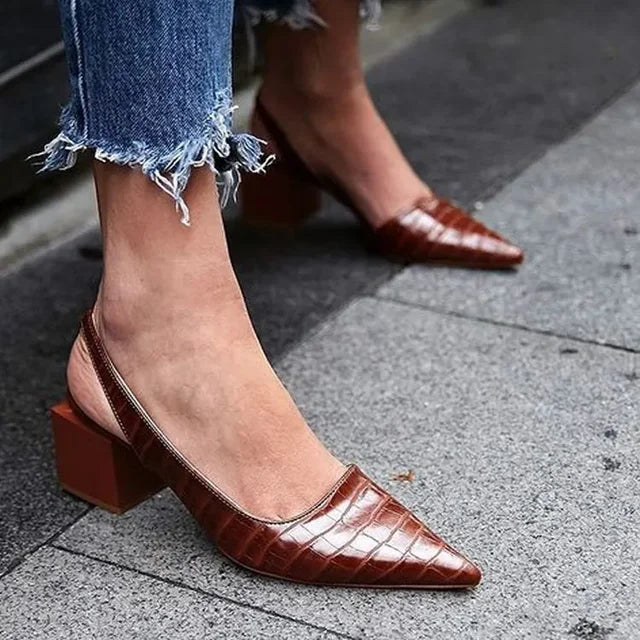 legant Leather Pumps for Women with Pointed Toe Slingback Block Heel Croc Vintage Style