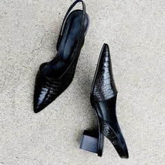 legant Leather Pumps for Women with Pointed Toe Slingback Block Heel Croc Vintage Style