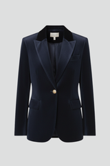 Refined Navy Velvet Blazer for Women with Peak Lapel Single Button Fitted Tailored Evening Style