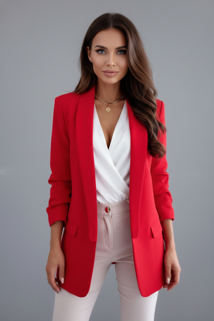 Chic White Blazer for Women with Wrap Shawl Collar Ruched Elbow Sleeve Open Front Fitted Office Style