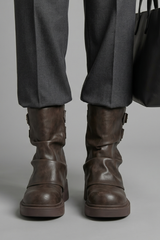 Edgy Brown Ankle Boots for Women with Buckle Strap Block Heel Chunky Moto Fall Style