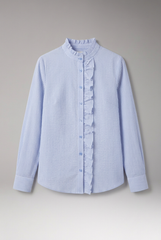 Elegant Striped Blouse for Women with Mandarin Collar Long Sleeve Ruffle Placket Casual Style