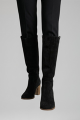 Chic Black Knee High Boots for Women with Pointed Toe Block Heel Suede Tall Fall Style