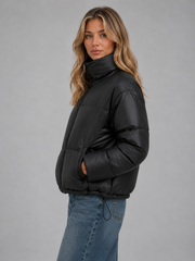 Stylish Black Cropped Puffer Jacket for Women with High Neck Hooded Zip Front Insulated Winter Style