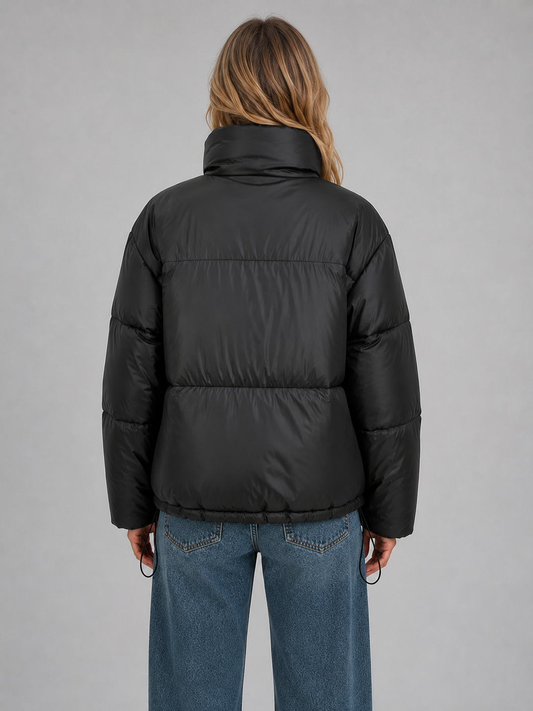 Stylish Black Cropped Puffer Jacket for Women with High Neck Hooded Zip Front Insulated Winter Style