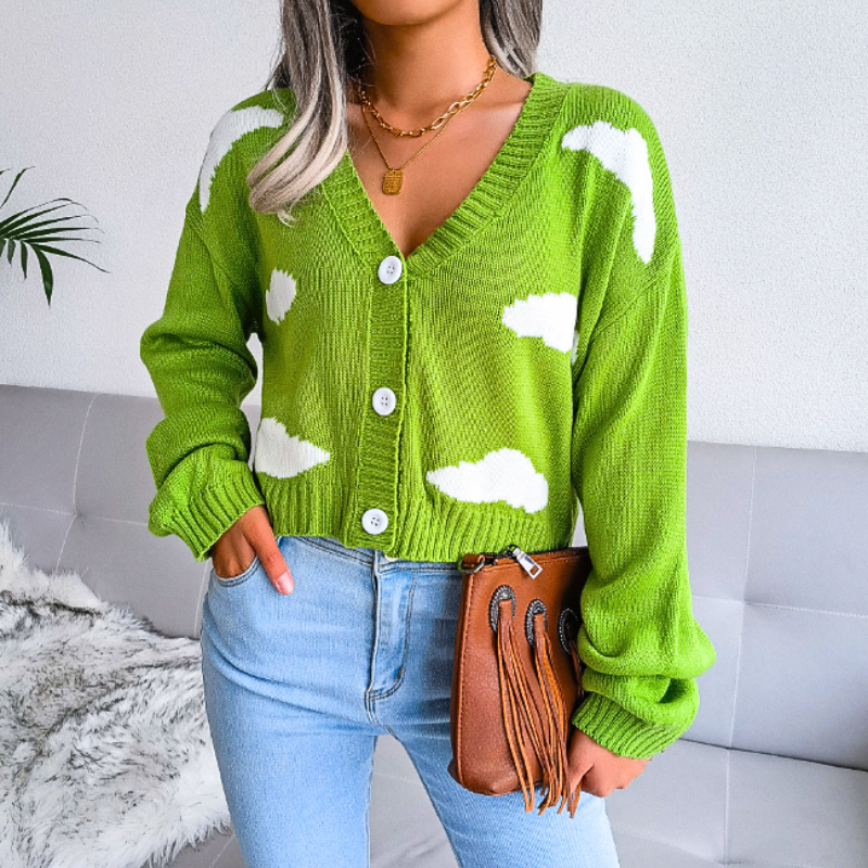 Cozy Cropped Cardigan for Women with V Neck Long Sleeve Cloud Print Button Front Style