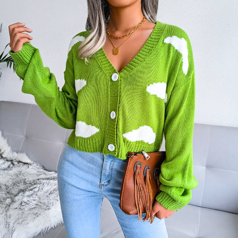 Cozy Cropped Cardigan for Women with V Neck Long Sleeve Cloud Print Button Front Style