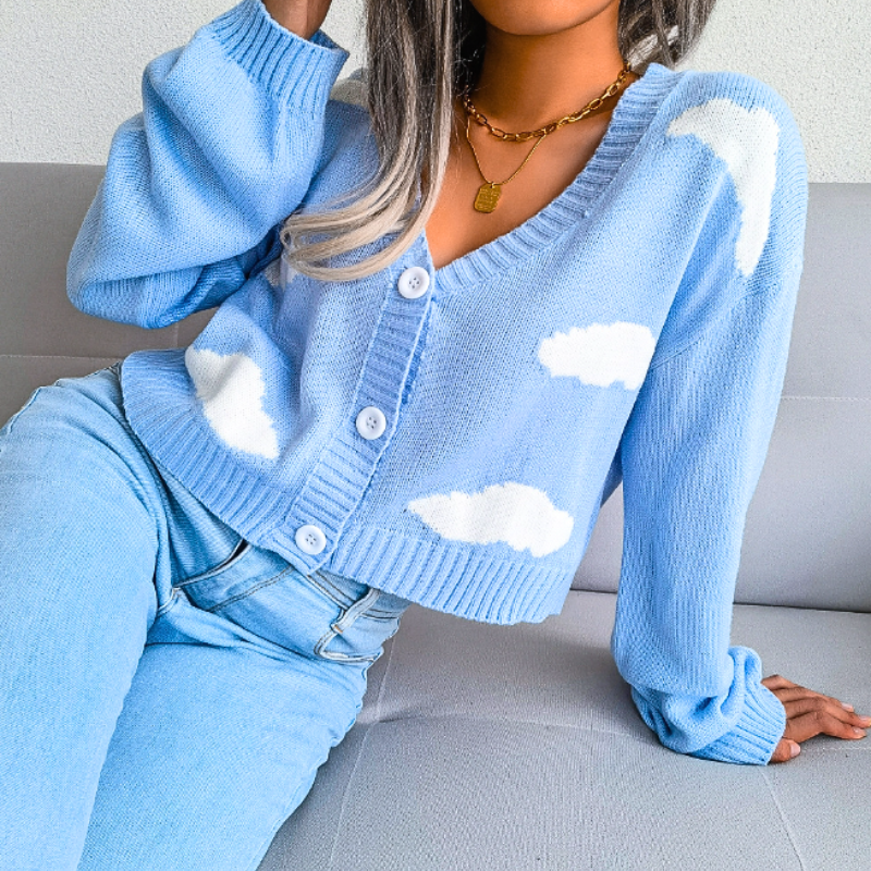 Cozy Cropped Cardigan for Women with V Neck Long Sleeve Cloud Print Button Front Style