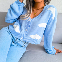 Cozy Cropped Cardigan for Women with V Neck Long Sleeve Cloud Print Button Front Style