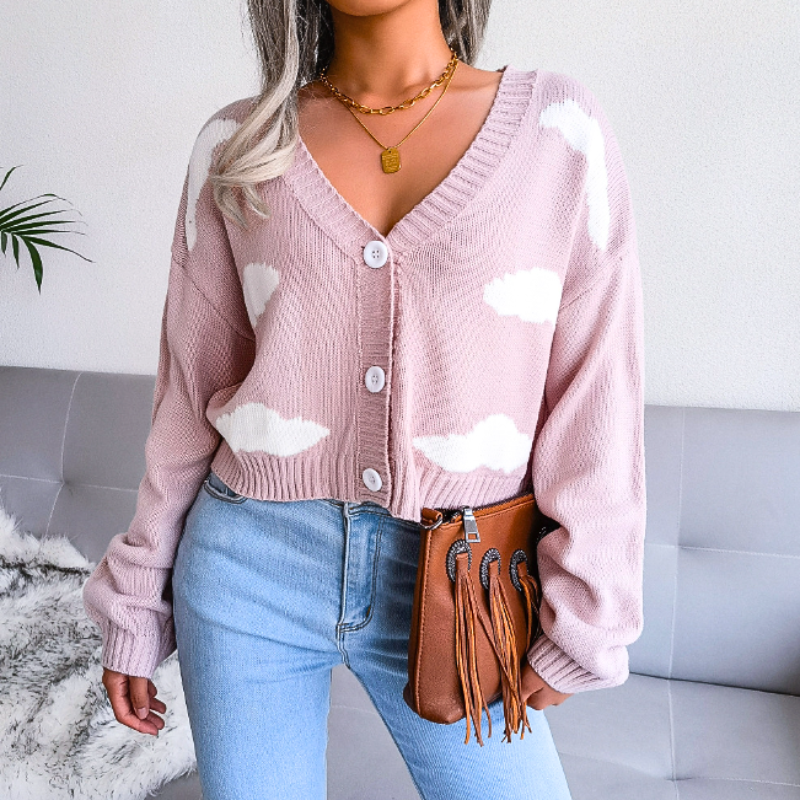 Cozy Cropped Cardigan for Women with V Neck Long Sleeve Cloud Print Button Front Style