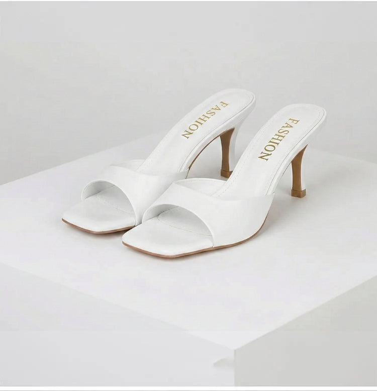 Elegant Leather Mules for Women with Open Square Toe Slip On Stiletto Heel Style