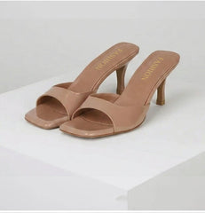 Elegant Leather Mules for Women with Open Square Toe Slip On Stiletto Heel Style