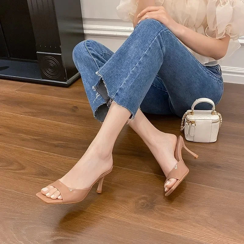 Elegant Leather Mules for Women with Open Square Toe Slip On Stiletto Heel Style