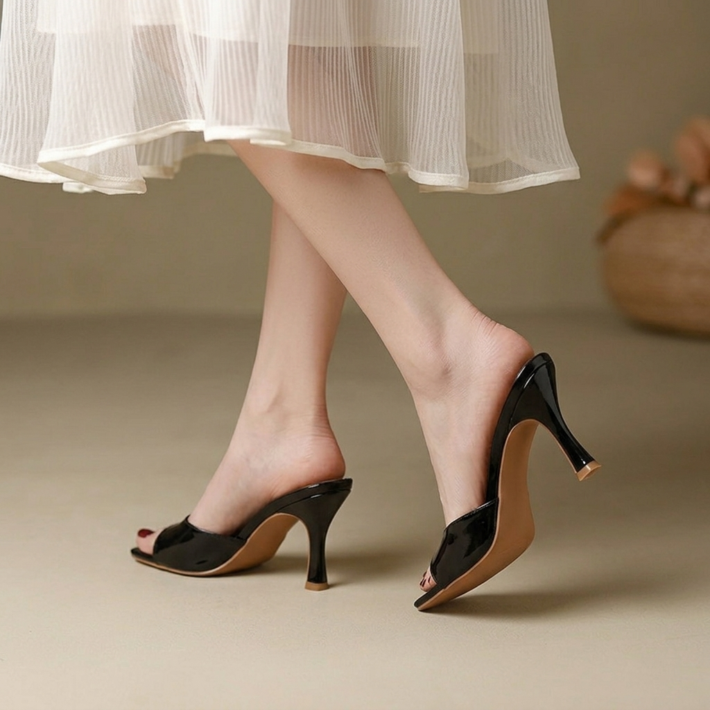 Elegant Leather Mules for Women with Open Square Toe Slip On Stiletto Heel Style