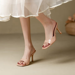 Elegant Leather Mules for Women with Open Square Toe Slip On Stiletto Heel Style