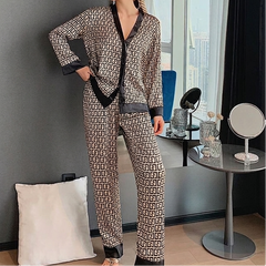 Elegant Geometric Print Pajama Set for Women with V Neck Long Sleeve Satin Trim Two Piece Style