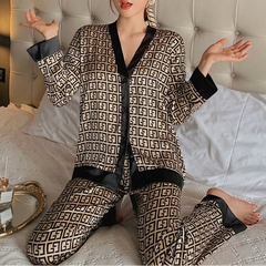 Elegant Geometric Print Pajama Set for Women with V Neck Long Sleeve Satin Trim Two Piece Style