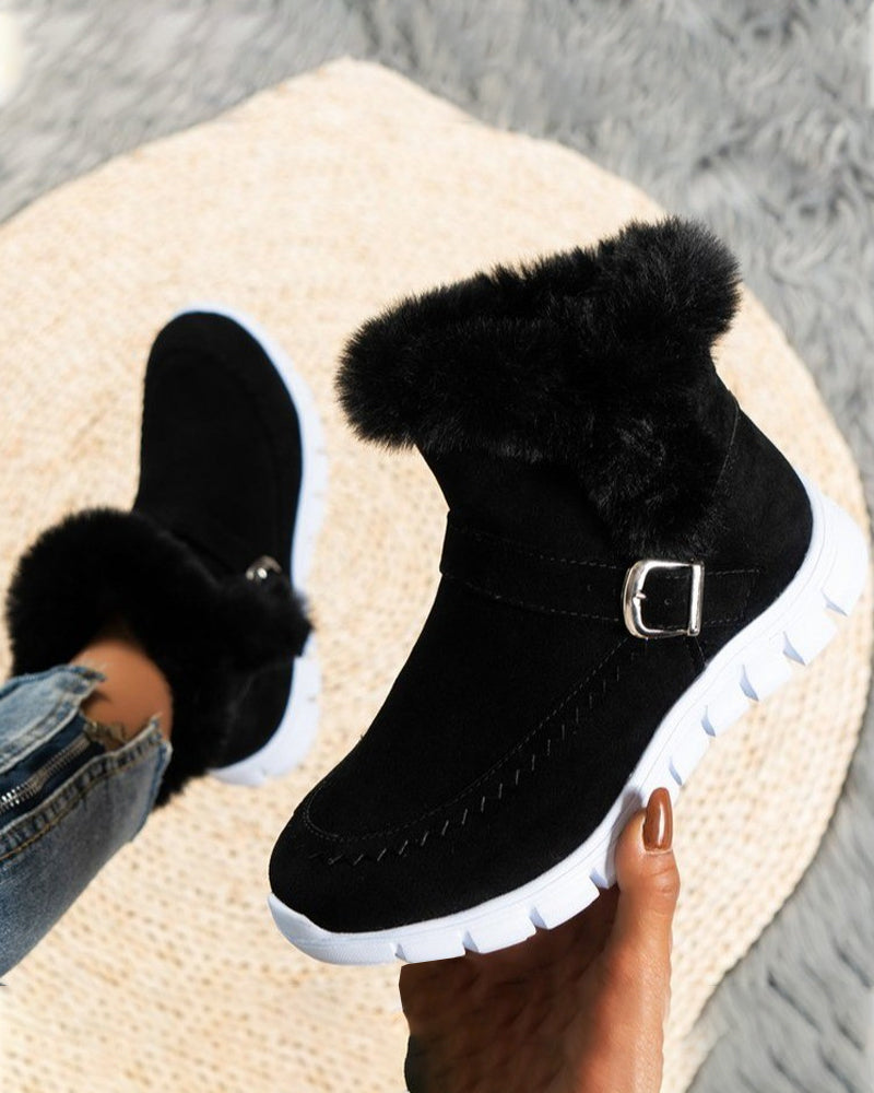 Cozy Grey Snow Boots for Women with Faux Fur Trim Buckle Slip On Winter Snowproof Style