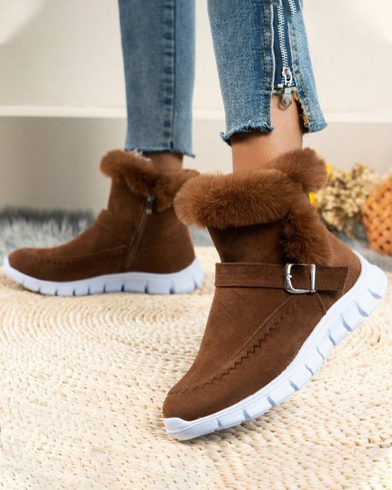 Cozy Grey Snow Boots for Women with Faux Fur Trim Buckle Slip On Winter Snowproof Style