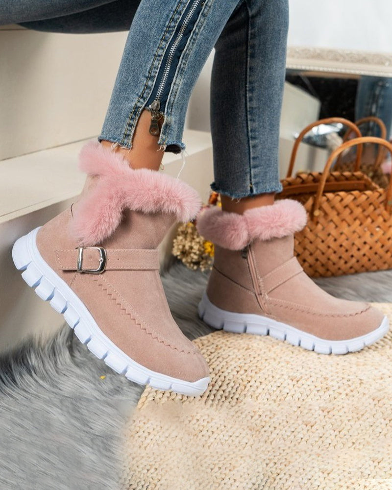 Cozy Grey Snow Boots for Women with Faux Fur Trim Buckle Slip On Winter Snowproof Style