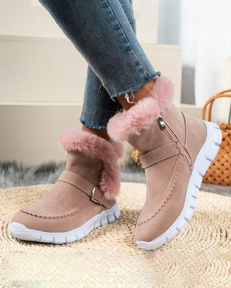 Cozy Grey Snow Boots for Women with Faux Fur Trim Buckle Slip On Winter Snowproof Style