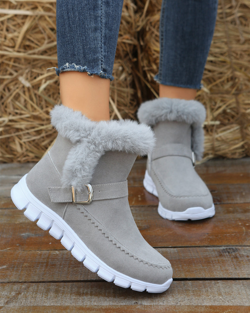 Cozy Grey Snow Boots for Women with Faux Fur Trim Buckle Slip On Winter Snowproof Style