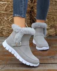 Cozy Grey Snow Boots for Women with Faux Fur Trim Buckle Slip On Winter Snowproof Style