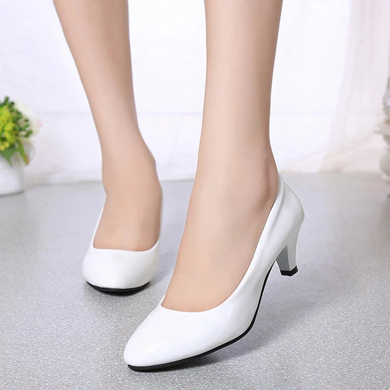 Elegant White Leather Heels for Women with Round Toe Slip On Classic Pump Work Style