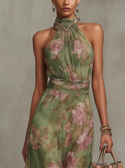 Elegant Green Floral Maxi Dress for Women with Halter Neck Sleeveless Ruched Waist Formal Wedding Guest Style